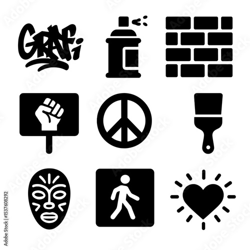 Street Art Icons. Solid, filled icons set of street art for social change: graffiti tag, spray can, city wall,