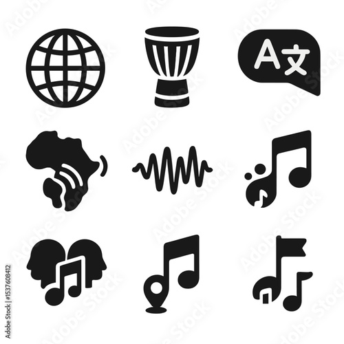 International Music Icons. Solid, filled icons set of international music in ads: globe icon, cultural drum,