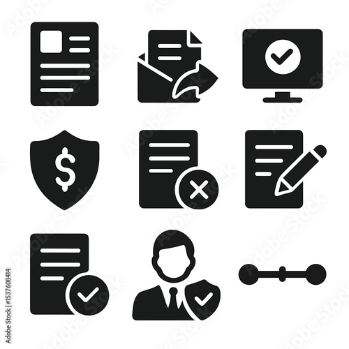 Insurance Process Icons. Solid, filled icons set of insurance claim process: filled form, claim submission,