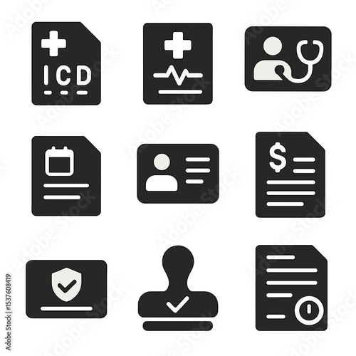 Healthcare Claim Icons. Solid, filled icons set of healthcare claim documentation: diagnosis code, treatment