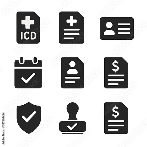 Healthcare Claim Icons. Solid, filled icons set of healthcare claim documentation: diagnosis code, treatment