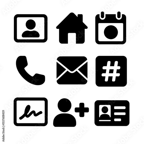 Policyholder Info Icons. Solid, filled icons set of policyholder information sections: name field, address