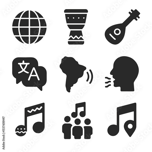 International Music Icons. Solid, filled icons set of international music in ads: globe icon, cultural drum,