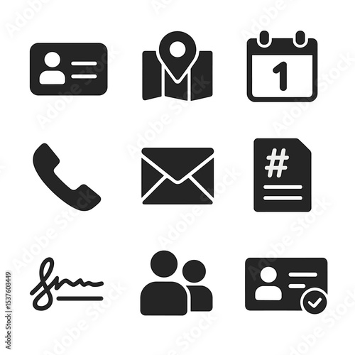 Policyholder Info Icons. Solid, filled icons set of policyholder information sections: name field, address
