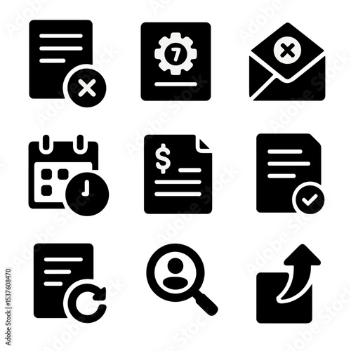 Denial and Appeal Icons. Solid, filled icons set of claim denial and appeal process: denied form, reason code,