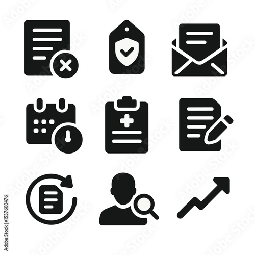 Denial and Appeal Icons. Solid, filled icons set of claim denial and appeal process: denied form, reason code,