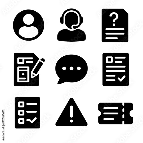 Patient Support Icons. Solid, filled icons set of patient support with forms: help icon, call support, FAQ