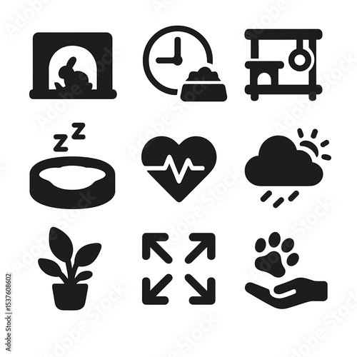 Virtual Animal Habitat Icons. Solid, filled icons set of virtual animal habitats: habitat icon, feeding timer,