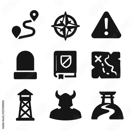 Heroic Journey Icons. Solid, filled icons set of heroic journey markers: trail icon, compass rose, danger sign