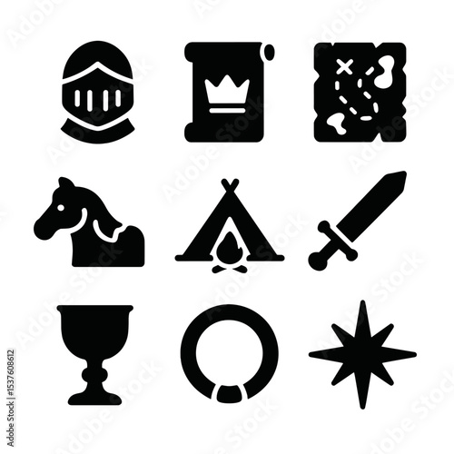 Medieval Quest Icons. Solid, filled icons set of medieval quest icons: knight’s helmet, royal decree, treasure