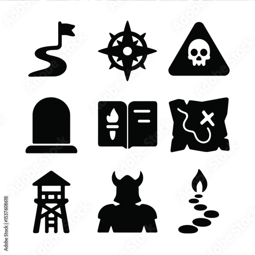 Heroic Journey Icons. Solid, filled icons set of heroic journey markers: trail icon, compass rose, danger sign