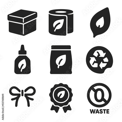 Sustainable Packaging Icons. Solid, filled icons set of sustainable product packaging: kraft box, paper wrap,