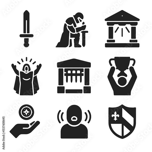 Epic Quest Icons. Solid, filled icons set of epic quest resolution: sacred sword, knight kneeling, temple