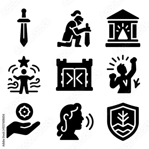 Epic Quest Icons. Solid, filled icons set of epic quest resolution: sacred sword, knight kneeling, temple