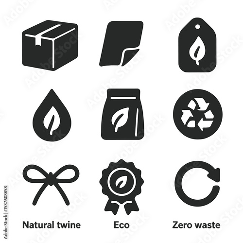 Sustainable Packaging Icons. Solid, filled icons set of sustainable product packaging: kraft box, paper wrap,