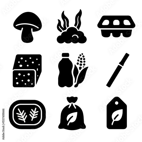 Biodegradable Materials Icons. Solid, filled icons set of biodegradable material design: mushroom leather,