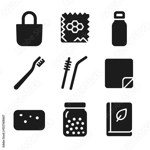 Zero Waste Icons. Solid, filled icons set of zero waste lifestyle items: tote bag, beeswax wrap, stainless
