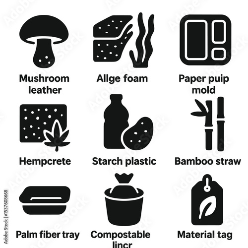 Biodegradable Materials Icons. Solid, filled icons set of biodegradable material design: mushroom leather,