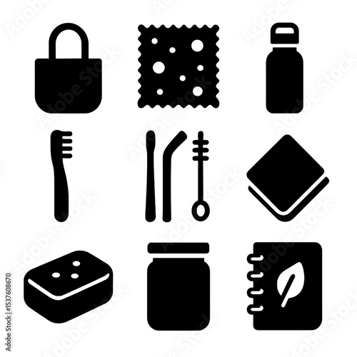 Zero Waste Icons. Solid, filled icons set of zero waste lifestyle items: tote bag, beeswax wrap, stainless