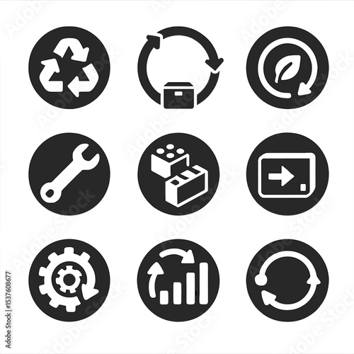 Circular Design Icons. Solid, filled icons set of circular design systems: reuse cycle, product lifespan, eco