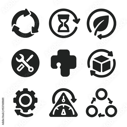 Circular Design Icons. Solid, filled icons set of circular design systems: reuse cycle, product lifespan, eco