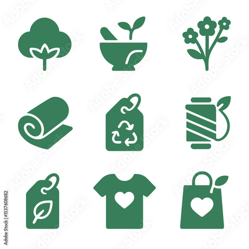Green Fashion Icons. Solid, filled icons set of green fashion and textiles: organic cotton, natural dye, flax