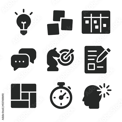 Startup Icon Grid. Solid, filled icons set of startup idea generation: innovation icon, post-it notes, agile