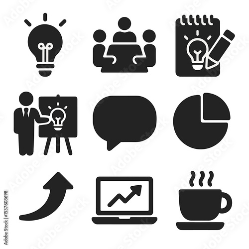 Business Idea Icons. Solid, filled icons set of a businessman brainstorming new business ideas with a team: