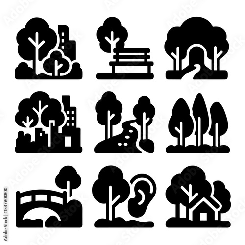Urban Forest Icons. Solid, filled icons set of urban forest escapes: city edge trees, park bench, nature