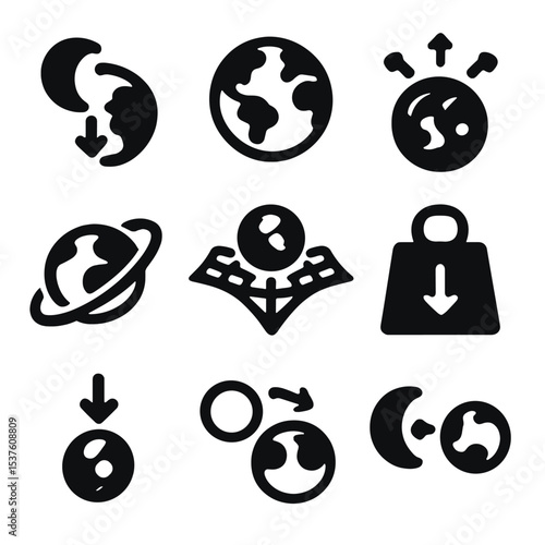 Gravitational Icons Grid. Solid, filled icons set of gravitational effects on Earth: moon pull icon, Earth