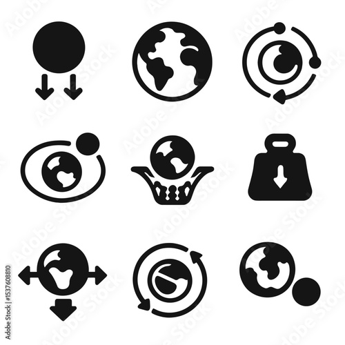 Gravitational Icons Grid. Solid, filled icons set of gravitational effects on Earth: moon pull icon, Earth