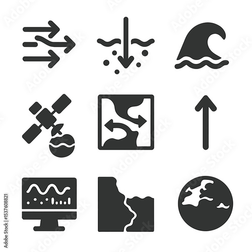 Oceanography Icons Set. Solid, filled icons set of oceanography and tidal forces: sea current, ocean depth