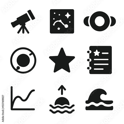 Astronomy Icon Set. Solid, filled icons set of astronomical observation and tides: telescope icon, sky map,