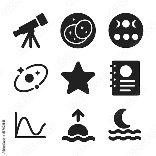 Astronomy Icon Set. Solid, filled icons set of astronomical observation and tides: telescope icon, sky map,