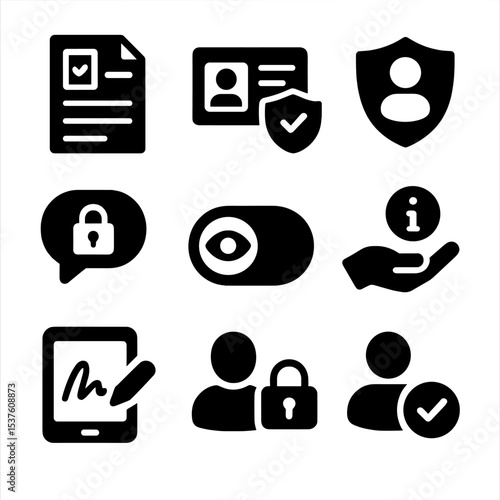 Patient Privacy Icons. Solid, filled icons set of patient privacy and consent: consent form, ID verification,