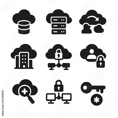 Cloud Data Security Icons. Solid, filled icons set of cloud-based medical data safety: cloud storage icon,