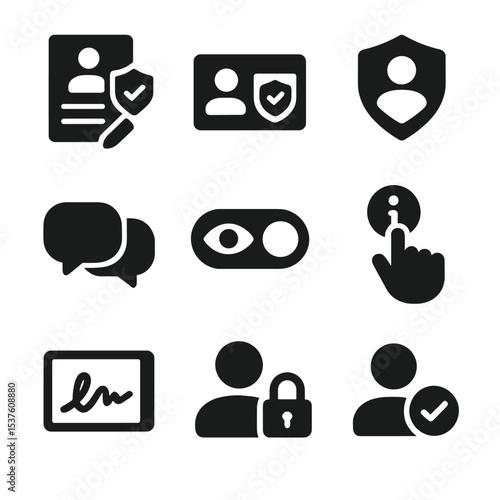 Patient Privacy Icons. Solid, filled icons set of patient privacy and consent: consent form, ID verification,