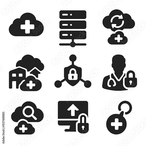 Cloud Data Security Icons. Solid, filled icons set of cloud-based medical data safety: cloud storage icon,