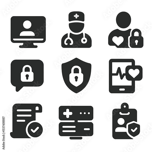 Secure Telemedicine Icons. Solid, filled icons set of secure telemedicine systems: video call icon, doctor