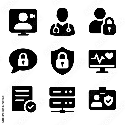 Secure Telemedicine Icons. Solid, filled icons set of secure telemedicine systems: video call icon, doctor