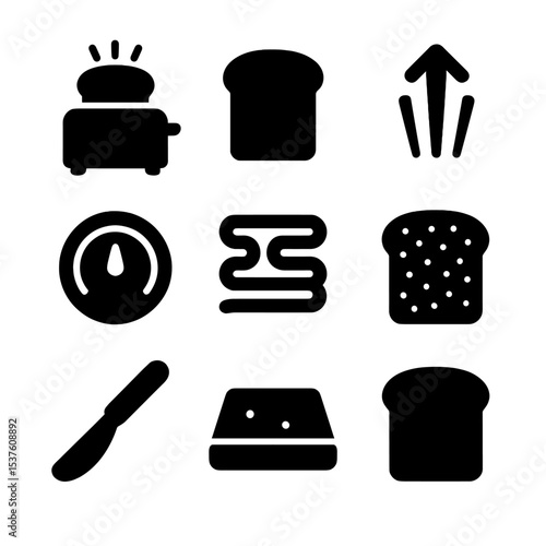Toaster and Bread Icons. Solid, filled icons set of toasting bread: toaster icon, bread slice, pop-up motion,