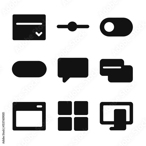 UI Design Icon Set. Solid, filled icons set of user interface design: dropdown menu, slider bar, toggle switch