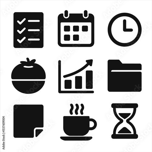 Digital Productivity Icons. Solid, filled icons set of productivity for digital creators: checklist, calendar,