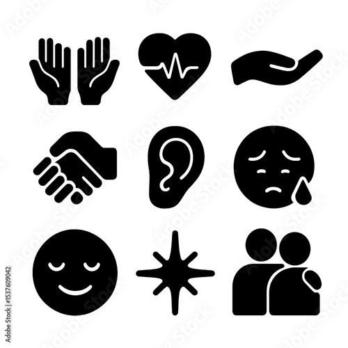 Empathy Icons Grid. Solid, filled icons set of empathy and compassion: open hands, heart pulse, caring gesture