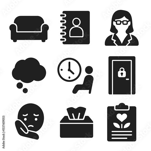 Therapy Icons Grid. Solid, filled icons set of therapy and counseling: couch, notebook, therapist icon,