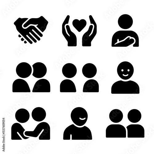 Human Connection Icons. Solid, filled icons set of close human connection: joined hands, heart between hands,