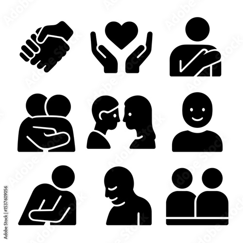Human Connection Icons. Solid, filled icons set of close human connection: joined hands, heart between hands,