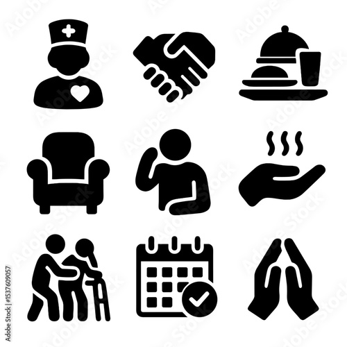Caregiving Icons Set. Solid, filled icons set of compassion in caregiving: nurse heart, hand grasp, meal tray,