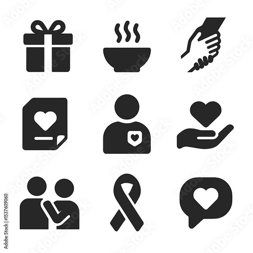 Acts of Kindness Icons. Solid, filled icons set of acts of kindness: gift box, warm meal, helping hand, kind