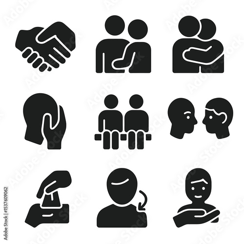 Support Gesture Icons. Solid, filled icons set of emotional support gestures: hand hold, shoulder pat, warm